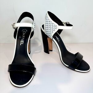 Chanel Black & White Perforated Crackled Patent Leather Sandals W CC Logo, Sz 38